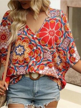Vibrant Red Floral V-Neck Button Front Women’s Batwing Sleeve Blouse